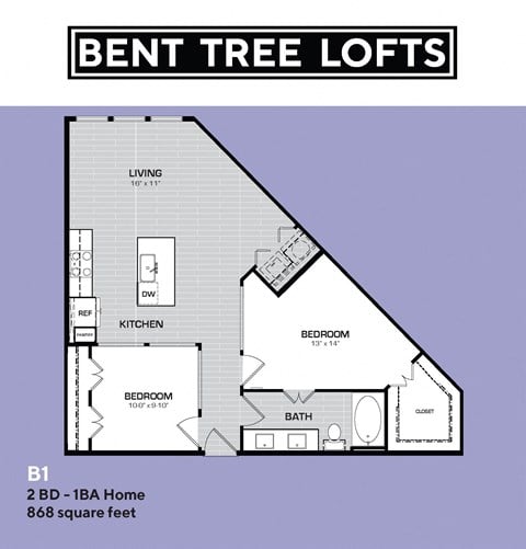 Floor plan for 2 beds, 1 bath, 868 sqft